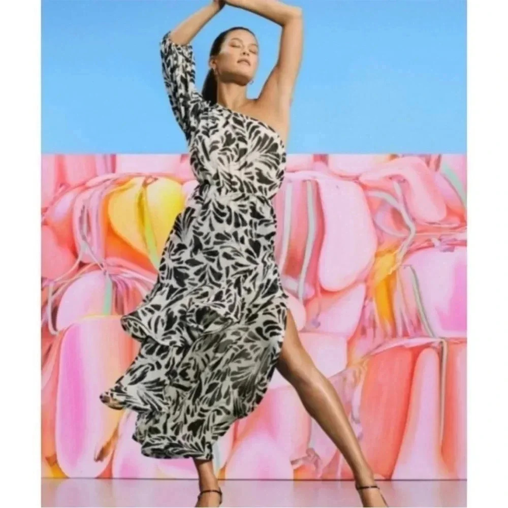 Alexis Black and White One-Shoulder Floral Ruffle Dress